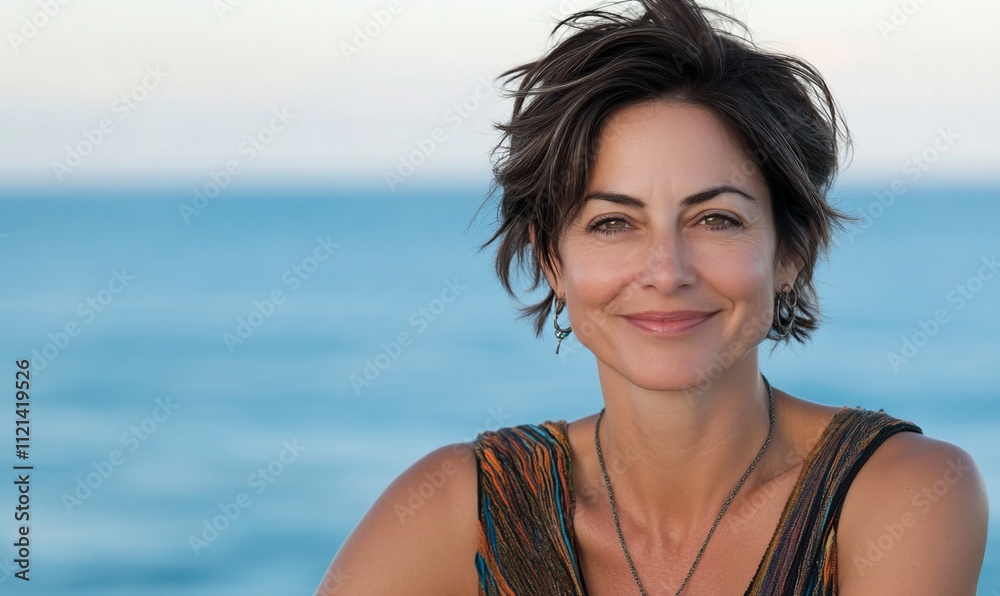 Woman smiling by the ocean, showcasing a relaxed lifestyle. Woman smiling by the ocean, showcasing a relaxed lifestyle.