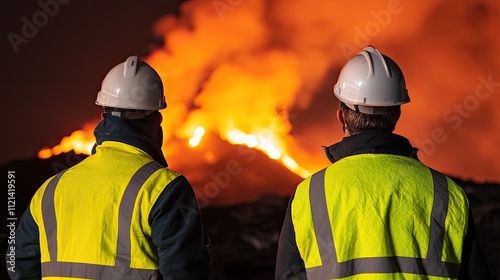 Environmental research emissions concept. Two workers in safety gear observe a large fire, showcasing the importance of safety in hazardous environments.