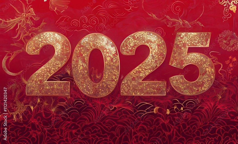 Glittering gold 2025 on red festive background. Glittering gold 2025 on red festive background.