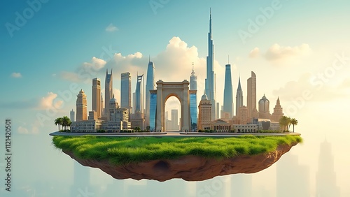 Dubai city on hand 3d concept background. amazing city skyline with luxury skyscrapers at sunrise, United Arab Emirates