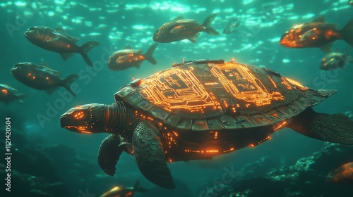 Underwater scene featuring a technologically enhanced turtle glowing with circuitry, swimming amidst a school of fish in a luminescent ocean. photo