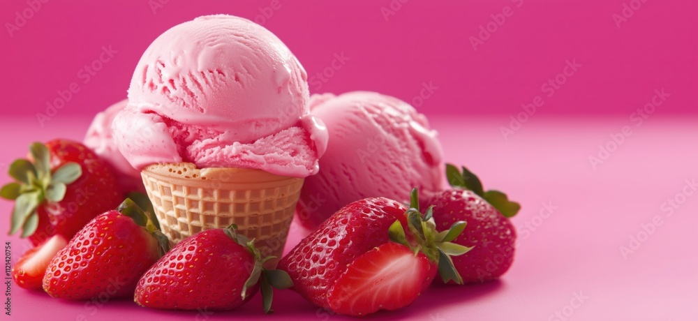 Strawberry ice cream with fresh strawberries, vibrant pink background, waffle cone, creamy texture, sweet dessert, copy space for text Strawberry ice cream with fresh strawberries, vibrant pink background, waffle cone, creamy texture, sweet dessert, copy space for text
