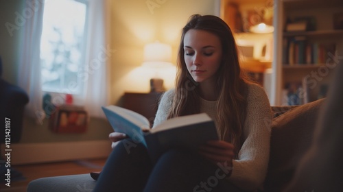 Young woman reading a book in a cozy indoor setting.