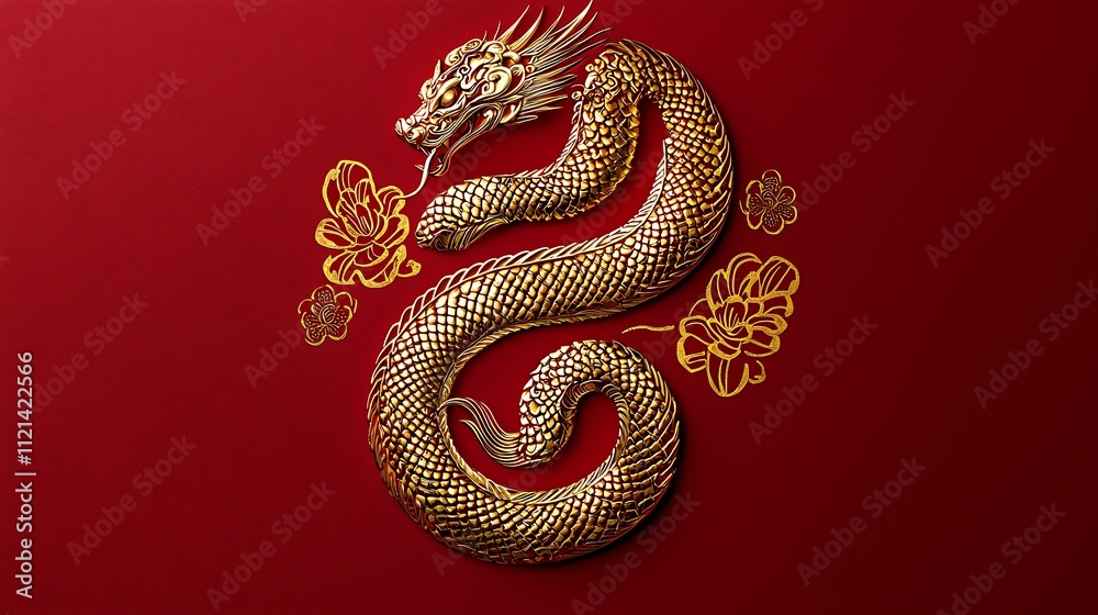 A gold colored snake with red flowers in the background A gold colored snake with red flowers in the background