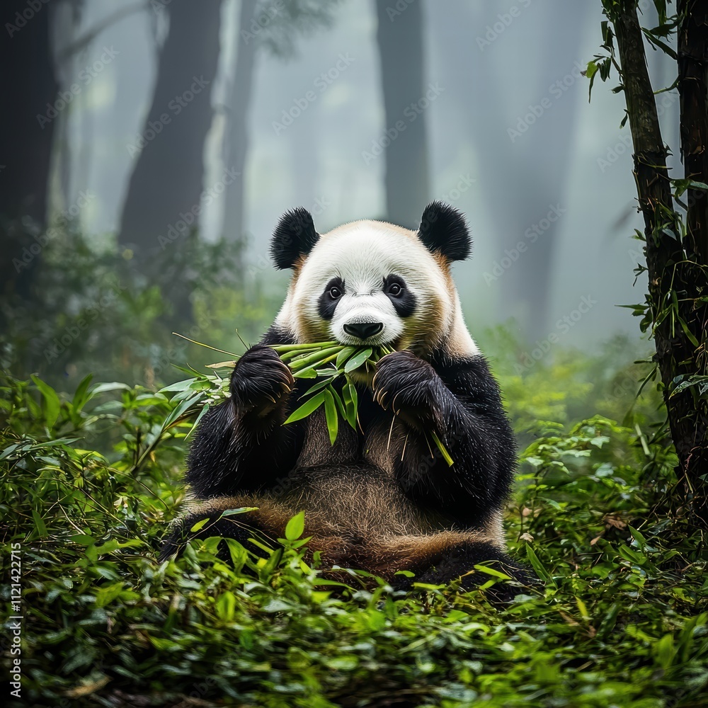 Obraz premium Cute Giant Panda Sitting in Lush Green Forest Enjoying Bamboo Snack