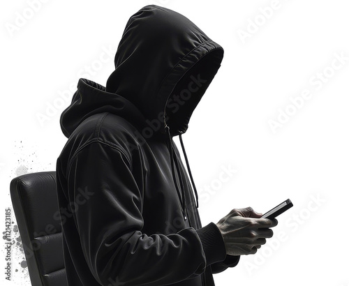 A faceless man in a black hoodie holds a phone in his hands and dials a number on a white background. The concept of fighting phone scammers, hackers. Low key, dramatic light. Copy-space.