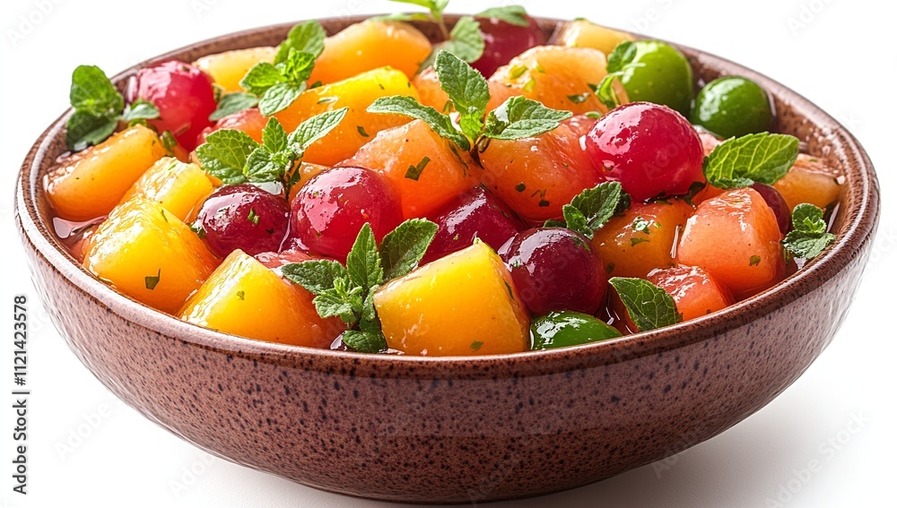 A vibrant fruit salad with melon, cranberries, and grapes, garnished with fresh mint. The colors are bright and cheerful, perfect for a summer meal. A vibrant fruit salad with melon, cranberries, and grapes, garnished with fresh mint. The colors are bright and cheerful, perfect for a summer meal.