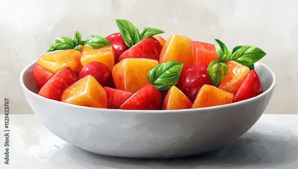 A vibrant fruit salad in a white bowl, featuring juicy orange and red fruit pieces, garnished with fresh basil leaves. A delightful summer treat! A vibrant fruit salad in a white bowl, featuring juicy orange and red fruit pieces, garnished with fresh basil leaves. A delightful summer treat!
