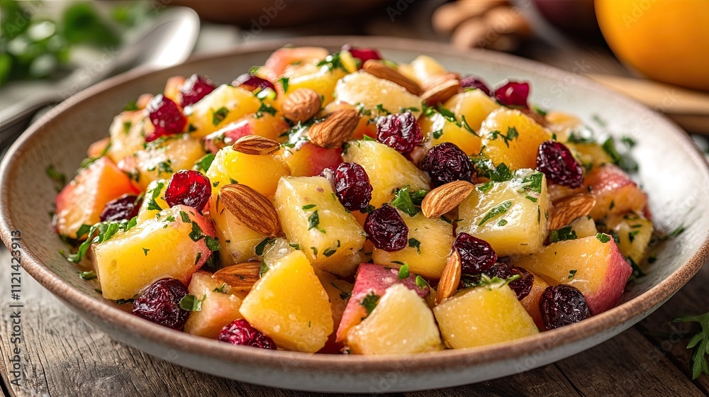 A zesty vinaigrette-dressed fruit salad with toasted almonds and dried cranberries on top. A zesty vinaigrette-dressed fruit salad with toasted almonds and dried cranberries on top.