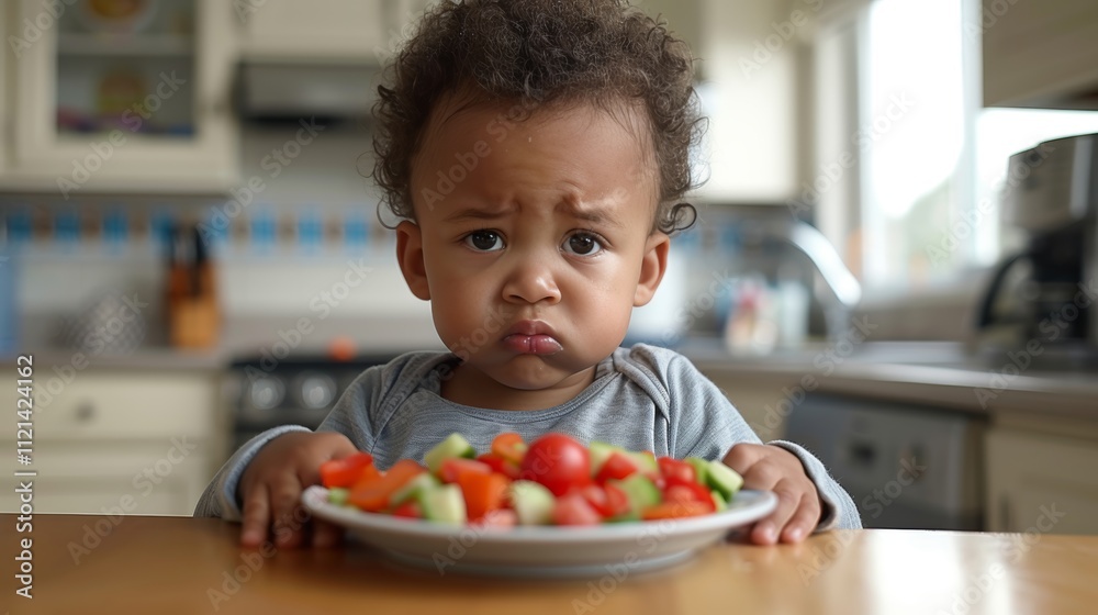 Afro toddler in pajamas shows displeasure at healthy vegetables in children s eating campaign Afro toddler in pajamas shows displeasure at healthy vegetables in children s eating campaign