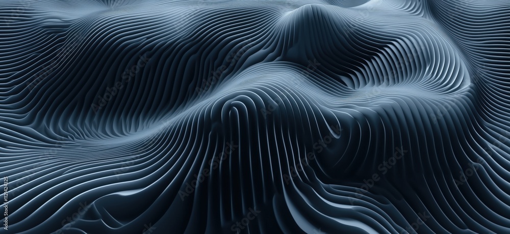 Abstract wavy surface with lines and curves, smooth dark texture, 3D rendering, copy space for text Abstract wavy surface with lines and curves, smooth dark texture, 3D rendering, copy space for text