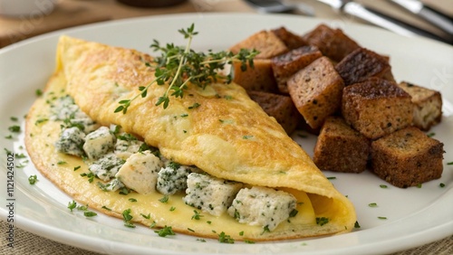 Omelets with blue cheese, rye croutons, and fresh thyme, served for a savory breakfast.