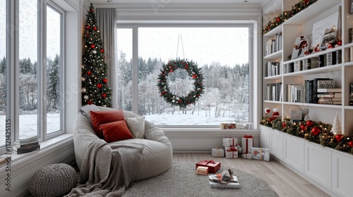 Cozy Winter Living Room with Christmas Decor and Snowy View