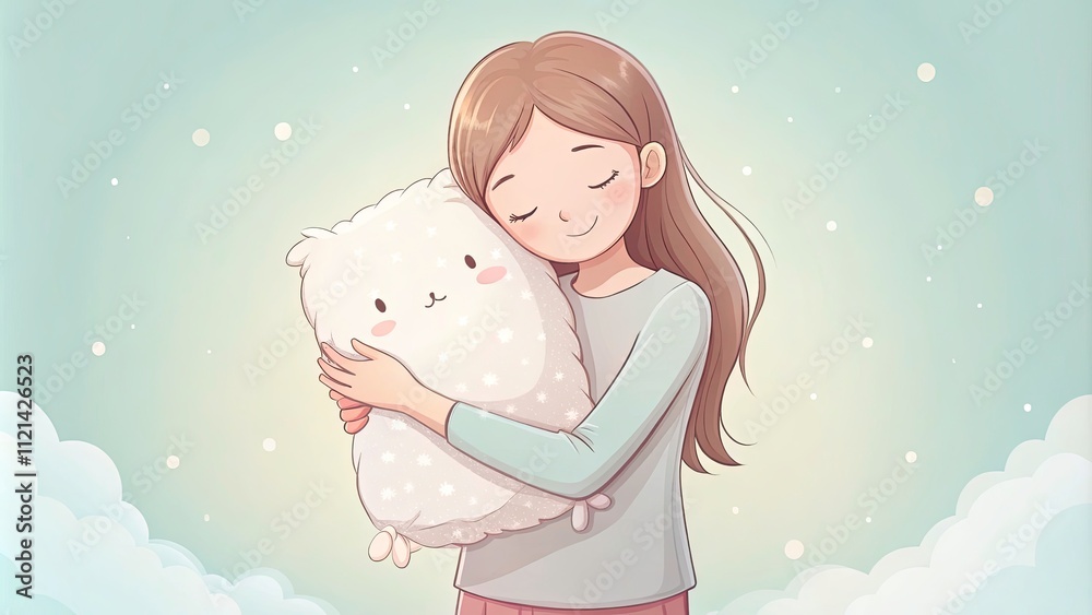Cartoon Sleepy Girl Hugging Pillow in Minimalist Style - Cozy Bedroom Scene, Soft Colors, Relaxation, Peaceful Atmosphere, Dreamy Vibes, Whimsical Illustration, Simple Design Cartoon Sleepy Girl Hugging Pillow in Minimalist Style - Cozy Bedroom Scene, Soft Colors, Relaxation, Peaceful Atmosphere, Dreamy Vibes, Whimsical Illustration, Simple Design
