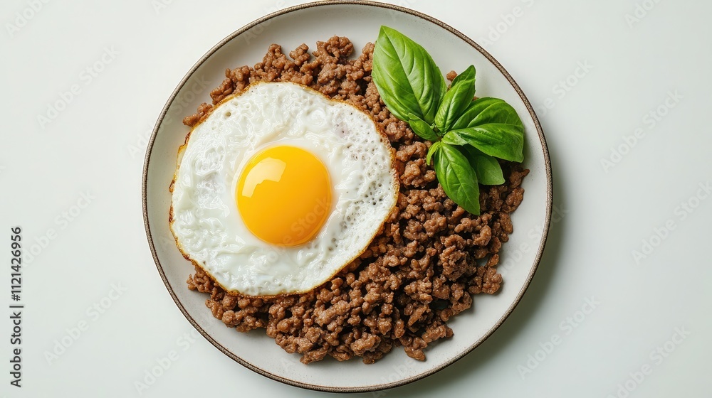 Delicious fried egg on a bed of seasoned ground meat garnished with fresh basil leaves, perfect for a hearty breakfast or lunch option.