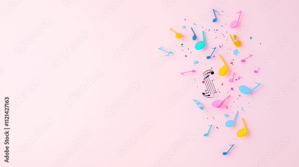 Fototapeta premium Colorful musical notes scattered on a pink background.