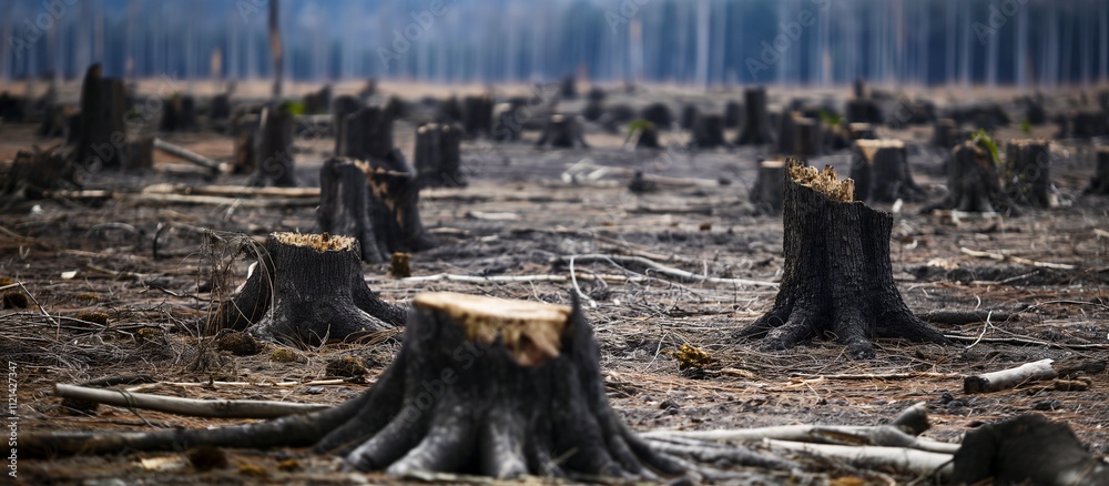 Close-Up of Tree Stumps in a Deforested Area, Concept of Deforestation, Habitat Loss, and Climate Impact Close-Up of Tree Stumps in a Deforested Area, Concept of Deforestation, Habitat Loss, and Climate Impact