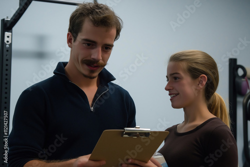 Trainer und Klientin im Gespräch im Fitnessstudio

 photo