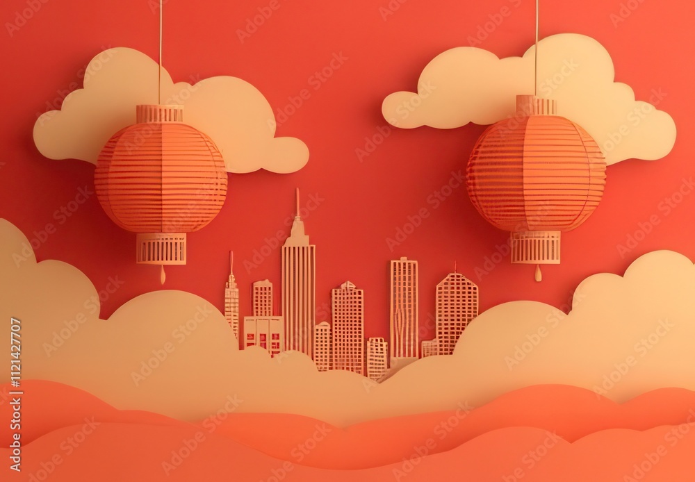 Paper art city skyline with hanging lanterns and clouds. Paper art city skyline with hanging lanterns and clouds.