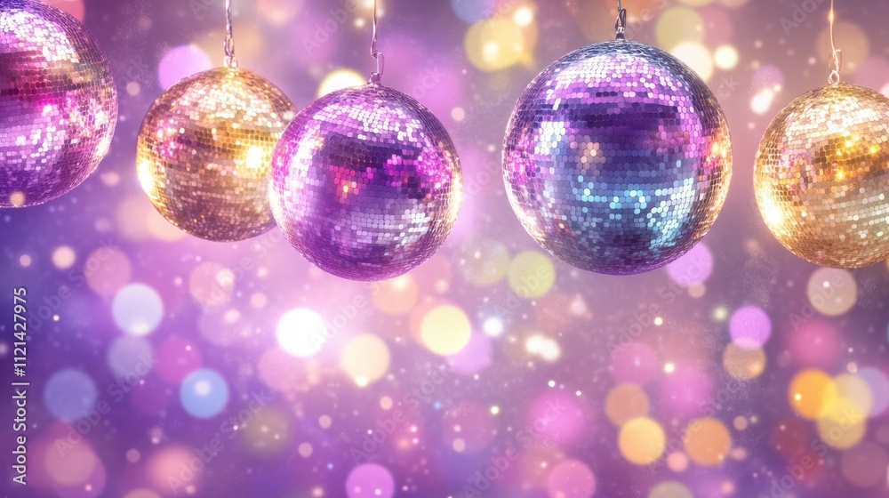 Obraz premium Shimmering Colorful Disco Balls Hang for New Year's Eve Party and Festive Celebration Theme.