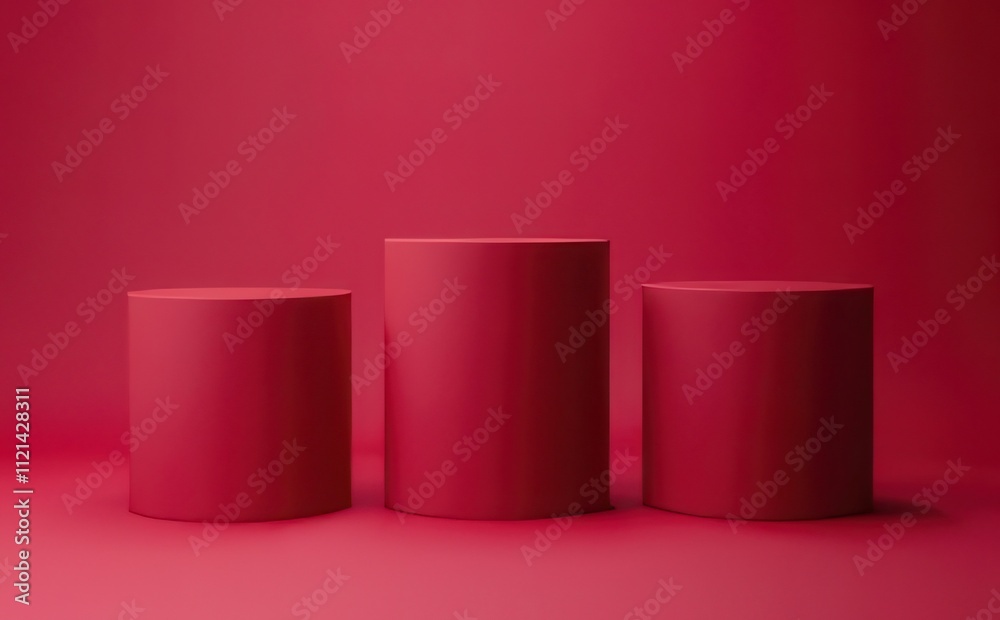 Three red cylindrical podiums on a red background. Three red cylindrical podiums on a red background.