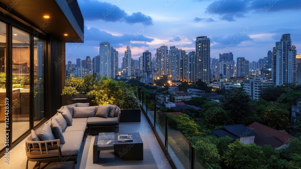 Obraz premium Modern Apartment Terrace Overlooking Urban Skyline at Dusk with a Beautiful View of Skyscrapers and Glowing City Lights