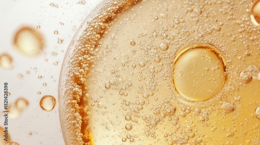Close-up of bubbly amber liquid with air bubbles. Close-up of bubbly amber liquid with air bubbles.