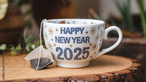 happy new year 2025 text 
A photo of a tea cup with the text 