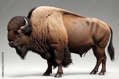 A detailed 3D render of an American bison, showcasing its thick fur, large horns, and powerful build against a neutral background. photo