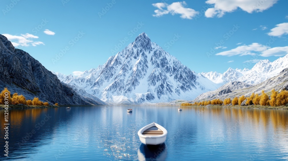 Obraz premium Scenic mountain landscape with a serene lake and a boat.