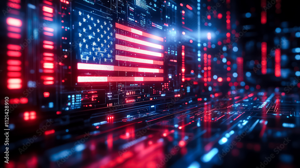 Digital American Flag in Futuristic Cyber Space: USA Technology, Innovation, and Virtual Connectivity with Neon Circuitry Digital American Flag in Futuristic Cyber Space: USA Technology, Innovation, and Virtual Connectivity with Neon Circuitry