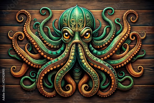 Cthulhu Octopus Kraken Tattoo Design: Deep Focus Woodcut Style Mascot Illustration photo