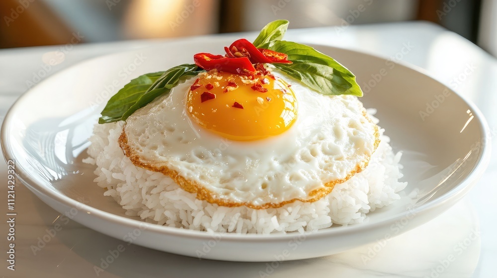 Delicious and Artfully Presented Fried Egg on a Bed of Steamed Rice Garnished with Fresh Basil and Red Chili Peppers for Culinary Inspiration Delicious and Artfully Presented Fried Egg on a Bed of Steamed Rice Garnished with Fresh Basil and Red Chili Peppers for Culinary Inspiration
