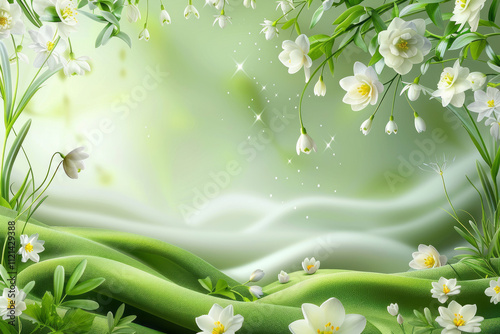 abstract background in green tones on a summer theme with white flowers, a place for text in the middle and a frame of beautiful plants around