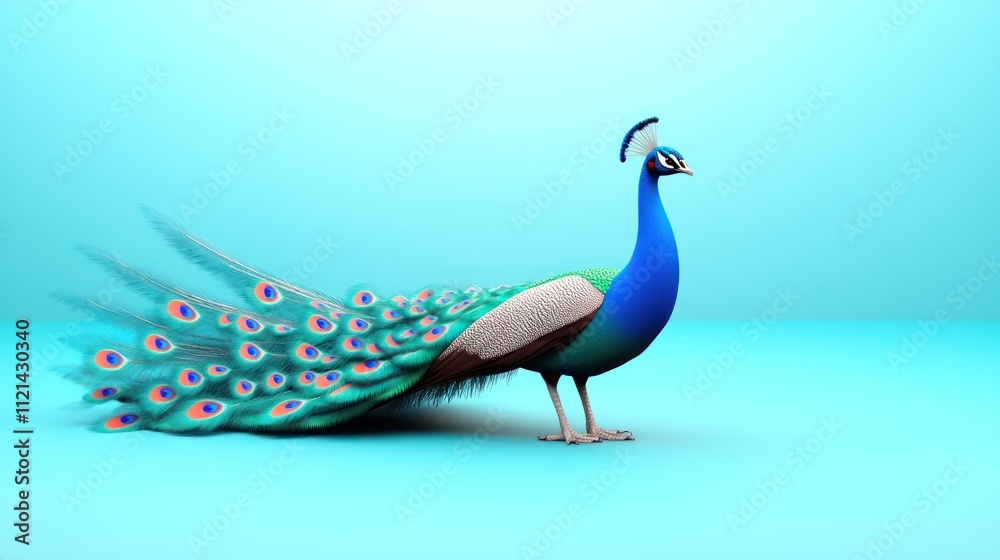 Fototapeta premium A vibrant peacock showcasing its colorful plumage against a blue background.