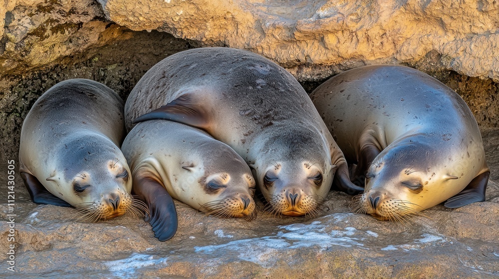 Fototapeta premium Group of Sea Lions Resting on Rocky Surface in Nature Setting