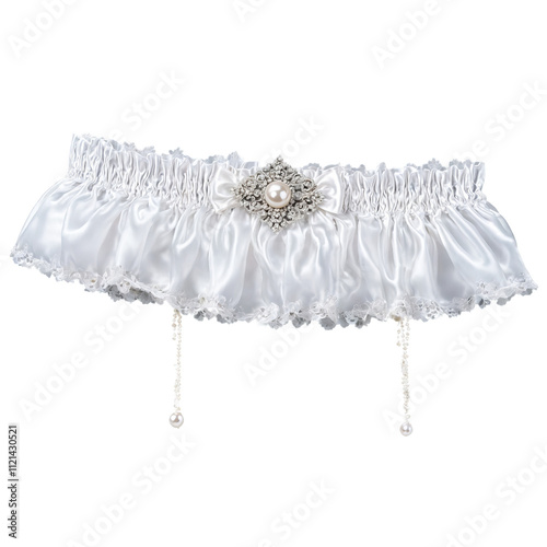 Luxurious white satin garter with delicate pearl embellishments softly floating clear detailed silhouette