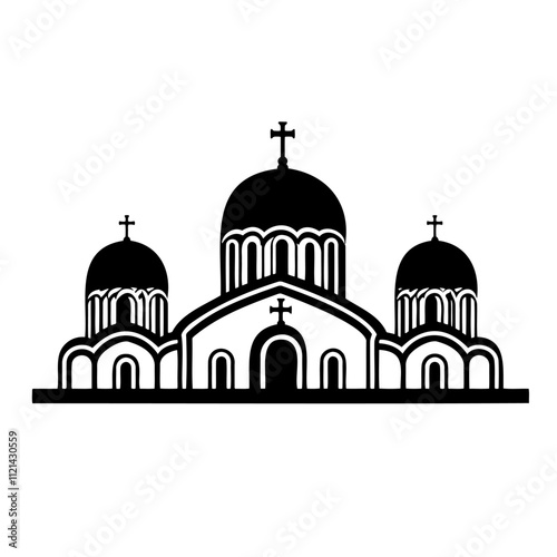 Orthodox church silhouette with domes and crosses in black and white, minimalistic religious architectural design.