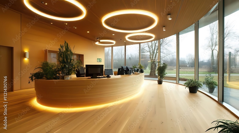Modern reception area with curved wooden desk, LED lighting, and large windows overlooking a park. Modern reception area with curved wooden desk, LED lighting, and large windows overlooking a park.