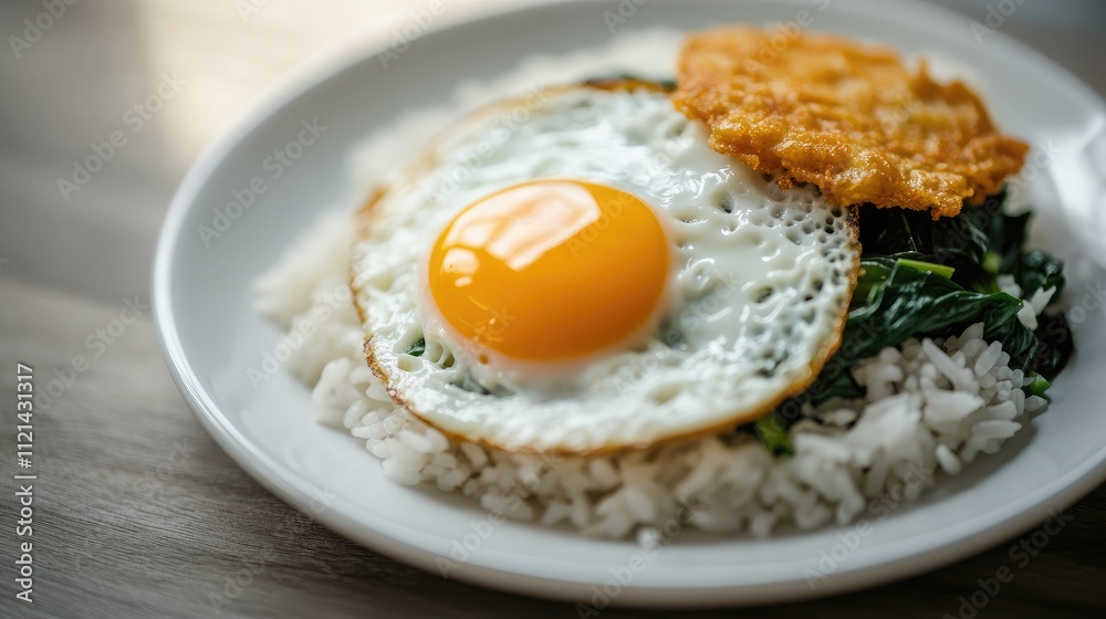 Delicious Plate of Rice Topped with Sunny-Side-Up Egg and Crispy Snack, Perfect for Breakfast or Brunch, Showcasing Fresh Ingredients and Simple Cooking Style Delicious Plate of Rice Topped with Sunny-Side-Up Egg and Crispy Snack, Perfect for Breakfast or Brunch, Showcasing Fresh Ingredients and Simple Cooking Style