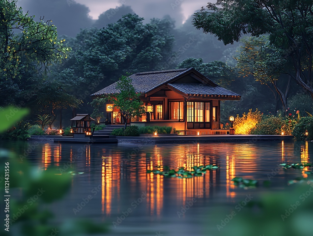 Fototapeta premium Minimalist riverside hideaway, serene atmosphere