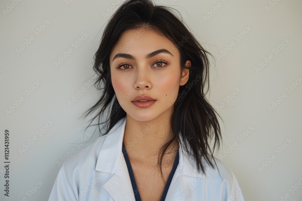 Confident female doctor in white coat ideal for healthcare marketing and professional services Confident female doctor in white coat ideal for healthcare marketing and professional services