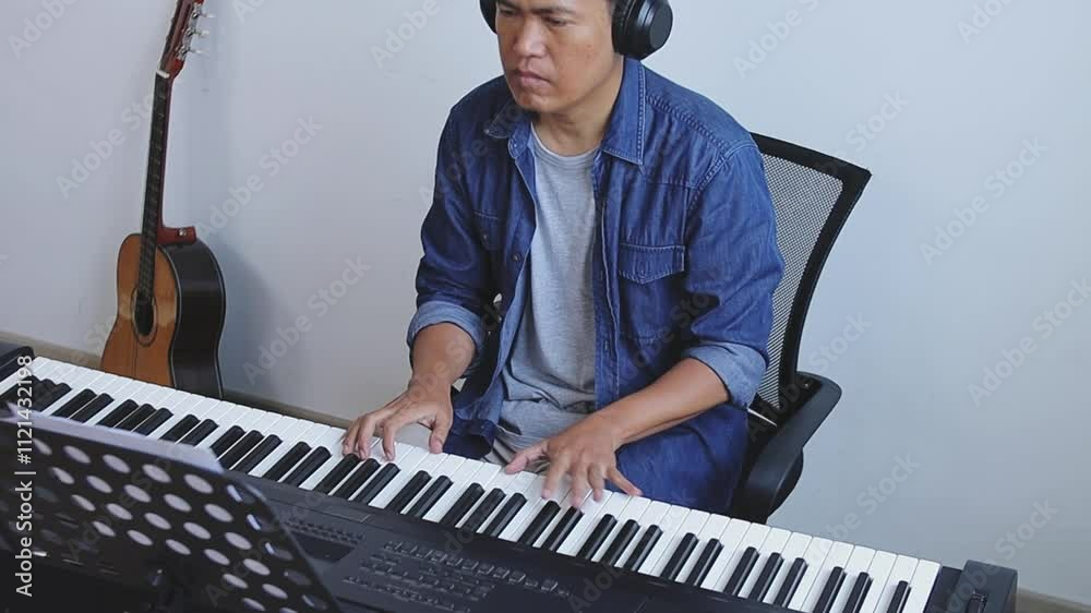 Asian Male Musician Wearing Headphones And Playing Electric Keyboard While Looking At Music Sheet