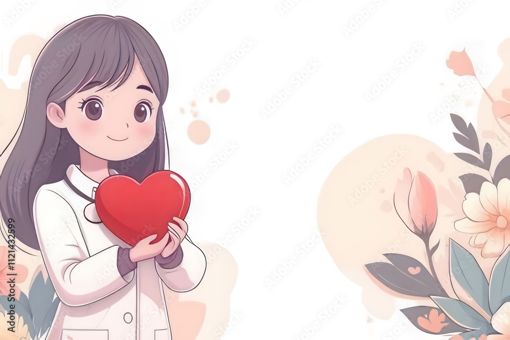 Cute cartoon doctor girl holding a red heart, floral background. Cute cartoon doctor girl holding a red heart, floral background.