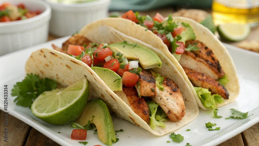 Obraz premium Tacos filled with grilled chicken, fresh veggies, and flavorful toppings.