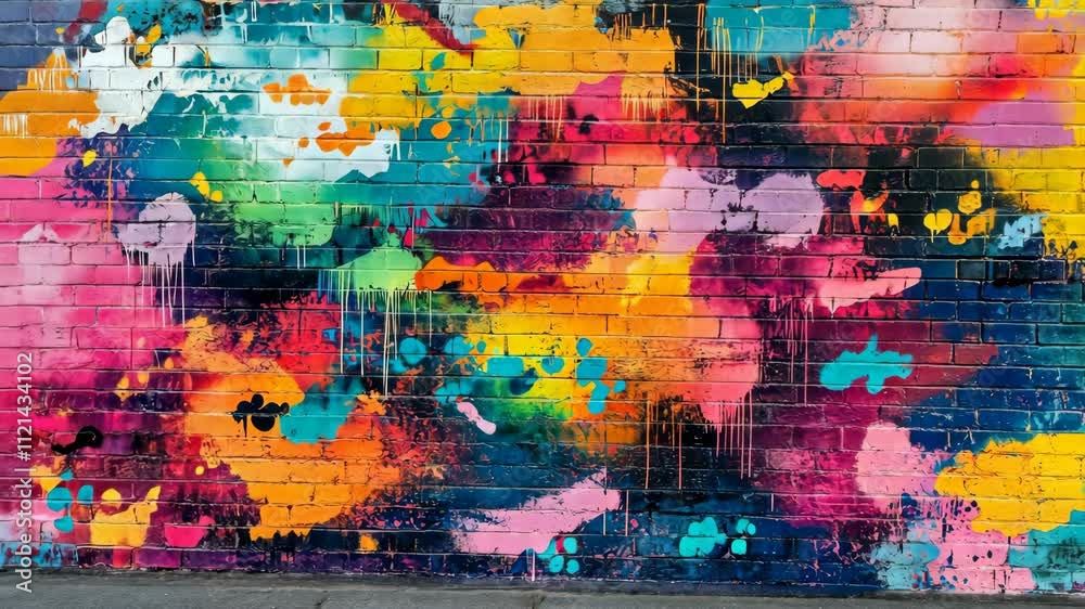 Colorful mural adds vibrancy to city street with splashes of paint and creativity on a sunny day Colorful mural adds vibrancy to city street with splashes of paint and creativity on a sunny day