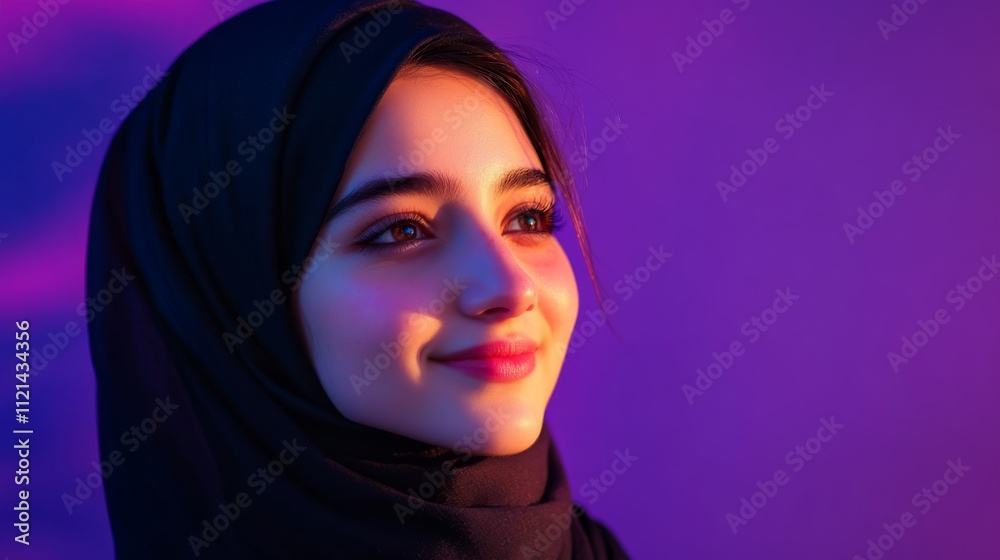 A smiling woman, bathed in soft purple and pink hues, gazes thoughtfully, exuding happiness and quiet confidence against a dreamy backdrop. A smiling woman, bathed in soft purple and pink hues, gazes thoughtfully, exuding happiness and quiet confidence against a dreamy backdrop.