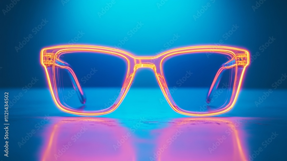 Neon glasses vibrantly glow against a cool blue backdrop, embodying futuristic style and innovation in a sleek still life. Neon glasses vibrantly glow against a cool blue backdrop, embodying futuristic style and innovation in a sleek still life.