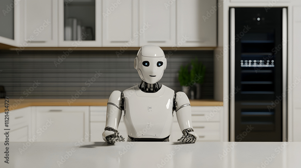 A digital assistant robot preparing a meal in a kitchen, with a smart refrigerator in the background. Robot assistant preparing meal in kitchen. A digital assistant robot preparing a meal in a kitchen, with a smart refrigerator in the background. Robot assistant preparing meal in kitchen.