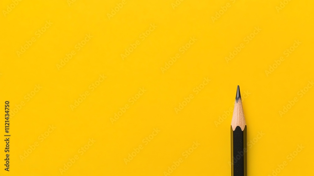 A black pencil sits on a yellow background. A black pencil sits on a yellow background.